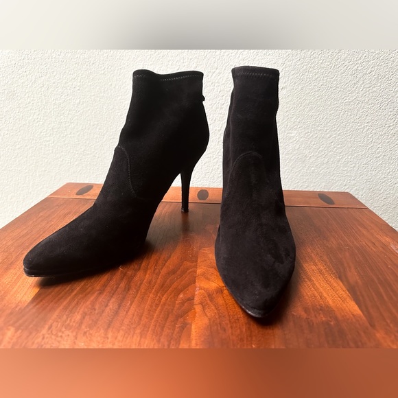Stuart Weitzman Black Suede Stretch Boots Sock Booties Designer Heel Short Pull - Picture 14 of 15